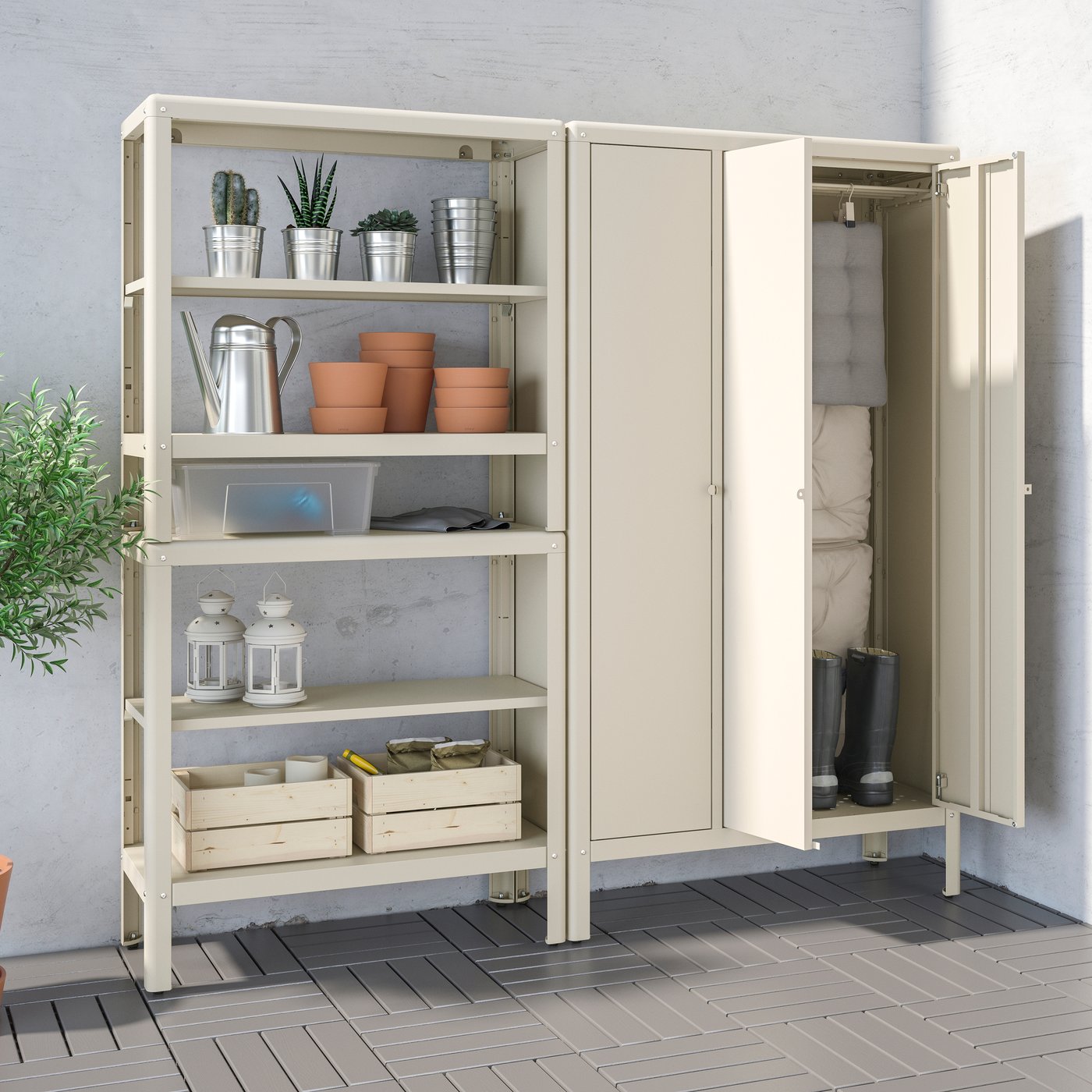 A beige KOLBJÖRN shelving unit with cabinet