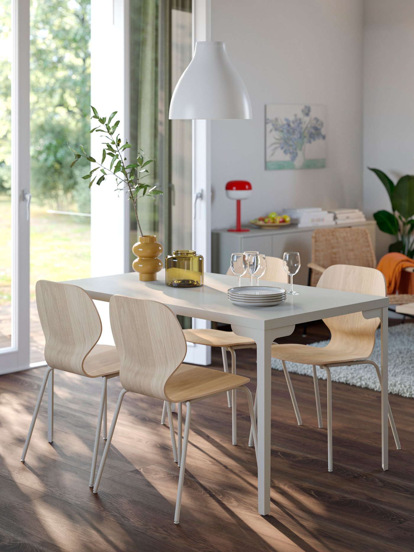 A light grey-beige/straight light grey-beige SKÅLSTA table in the dining room