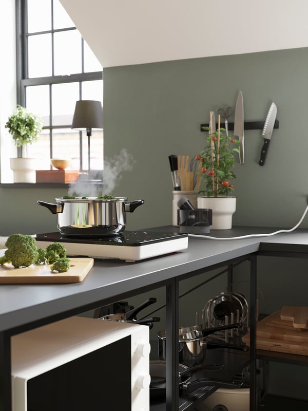 A grey worktop with a black/white portable induction hob, a pot in stainless steel, a chopping board and some broccoli.