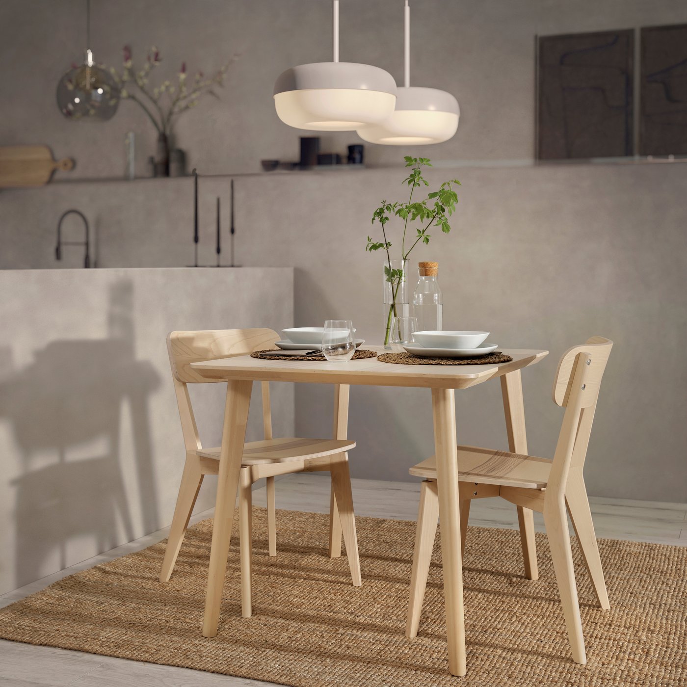 An ash veneer/ash veneer LISABO table and 2 chairs