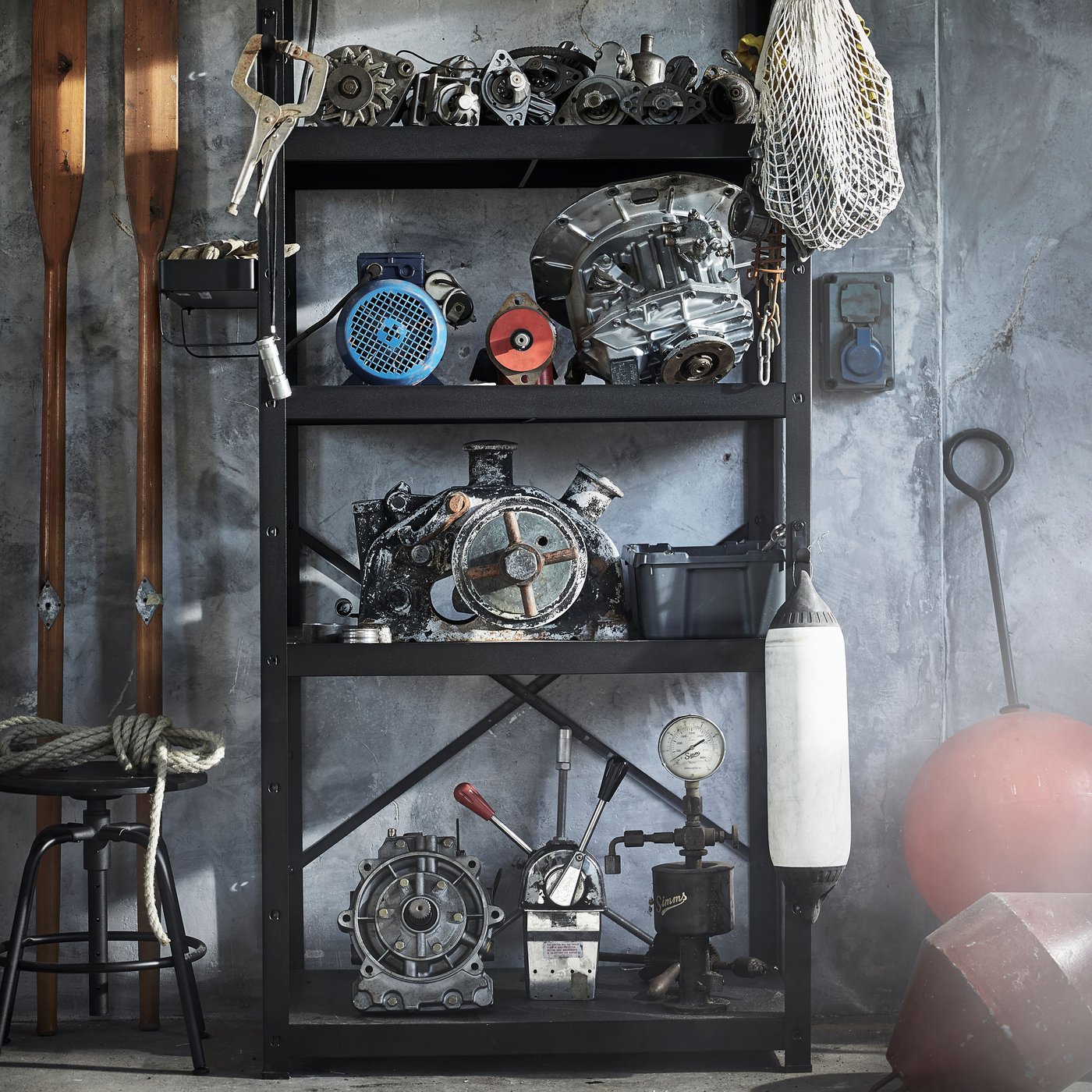 A black BROR shelving unit in the garage