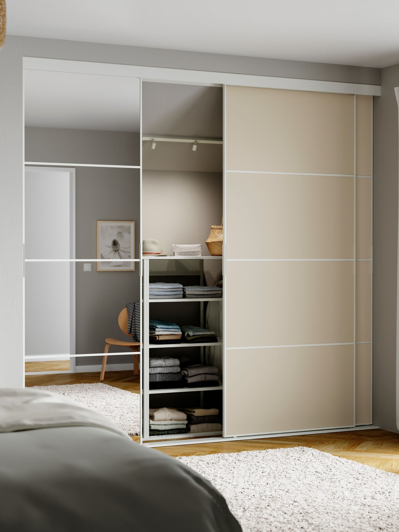 A white double sided/grey-beige mirror glass MEHAMN/AULI sliding door combination