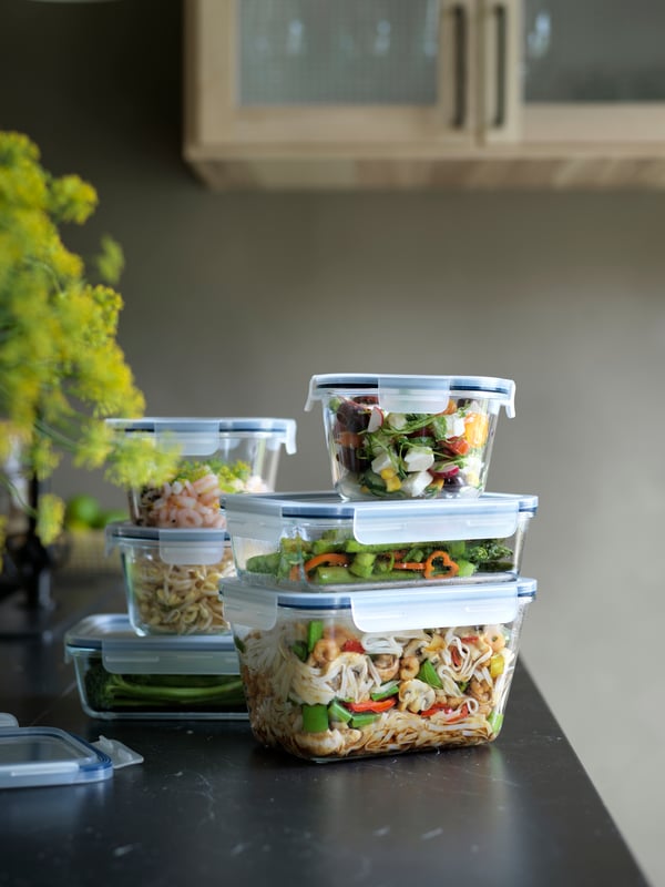 A rectangular glass/plastic IKEA 365+ food container with lid in the kitchen