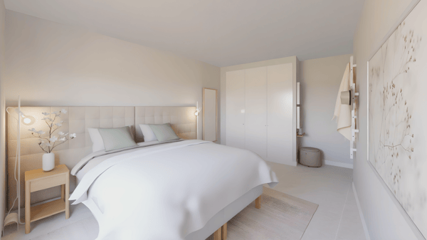 Projeto de Design de interiores com cama de casal com cabeceira RYKKINN