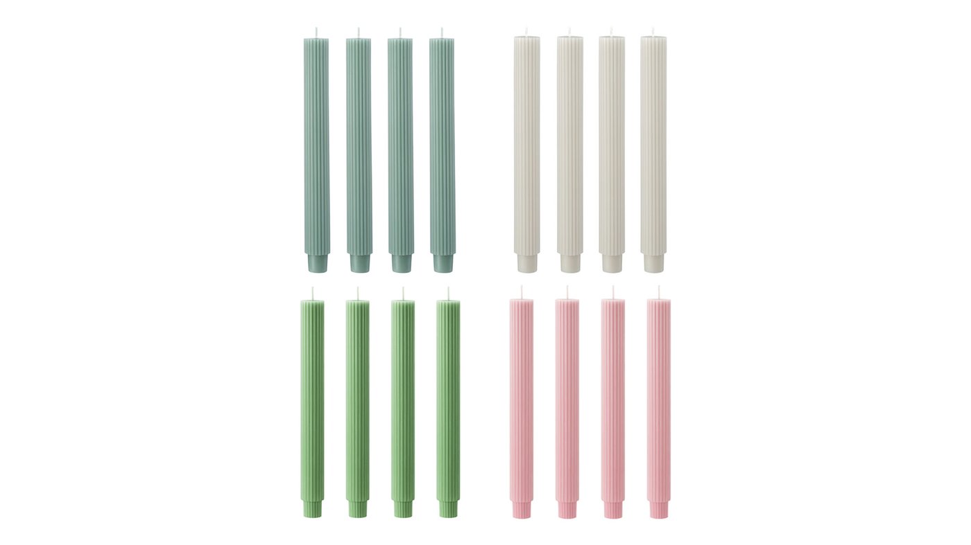 Against a white background are SMÖJTRÄD taper candles in different colors. There are 4 candles of each color.