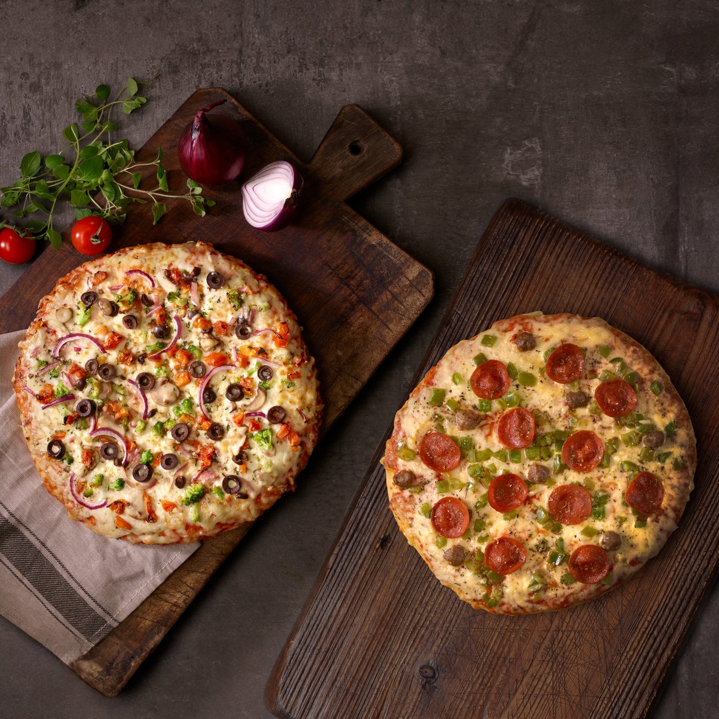 Frozen pizzas.
