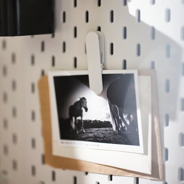 A white SKÅDIS clip holding a black and white photograph against a white SKÅDIS pegboard.