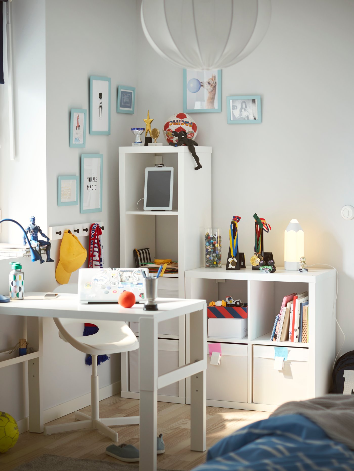 A white KALLAX shelving unit