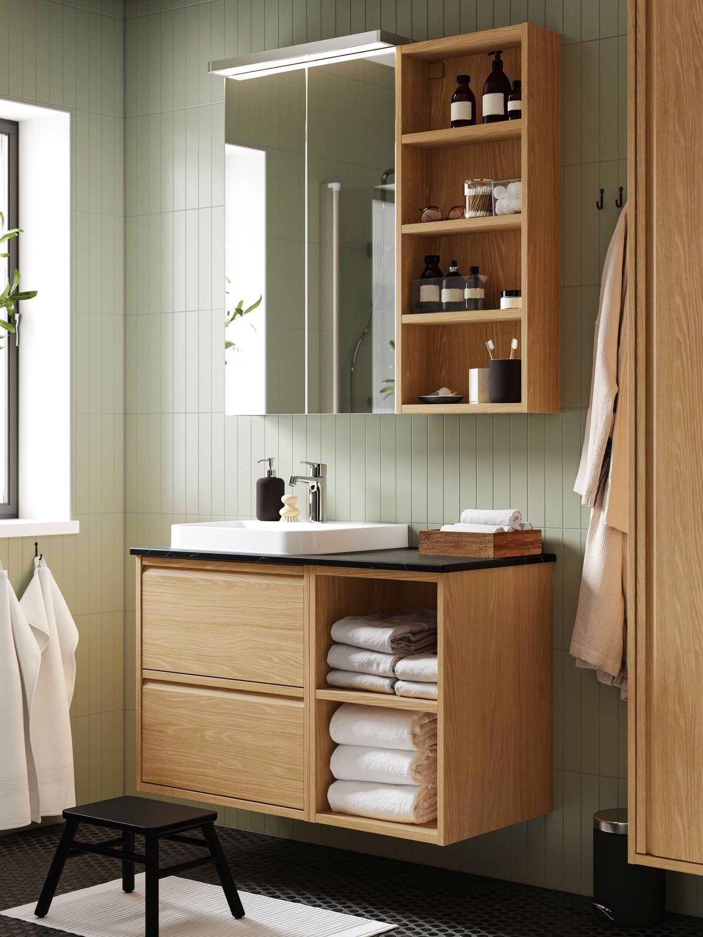 An oak effect/white marble effect BACKSJÖN wash-stand/wash-basin/tap