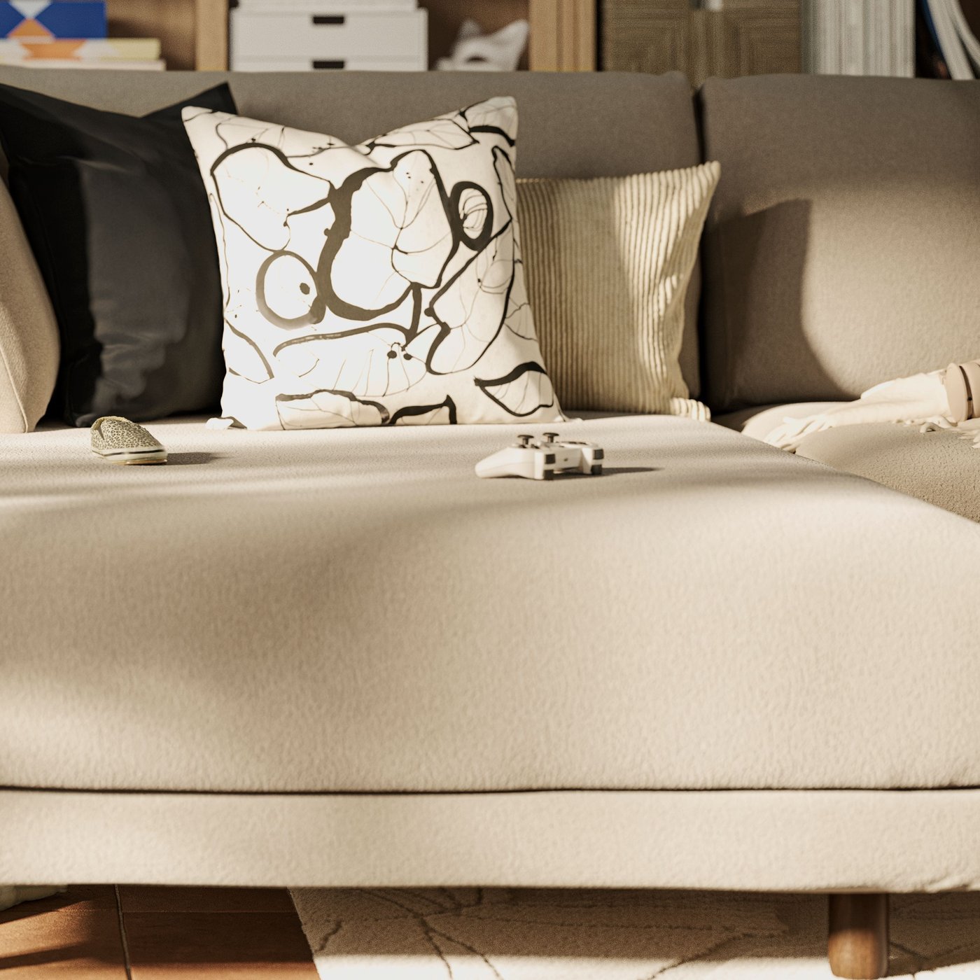 A dark blue SANELA cushion cover in the living room