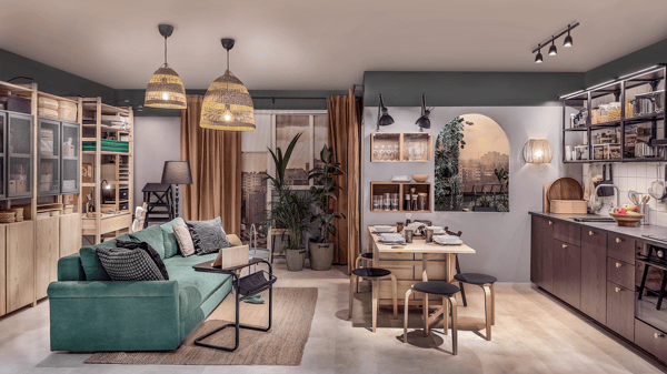 A large living room featuring a green sofa.