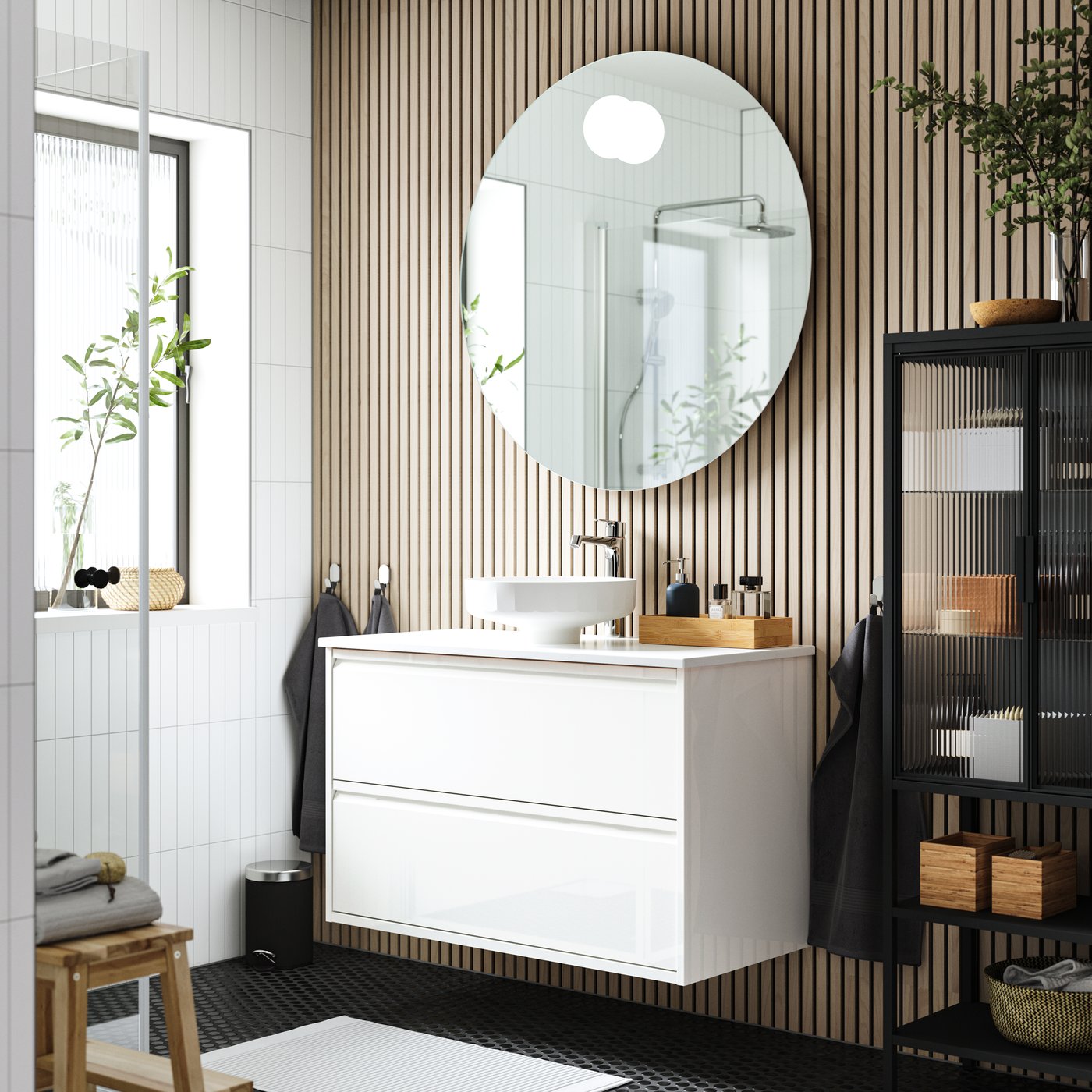 A high-gloss white/white marble effect LERSJÖN wash-stnd w drawers/wash-basin/tap