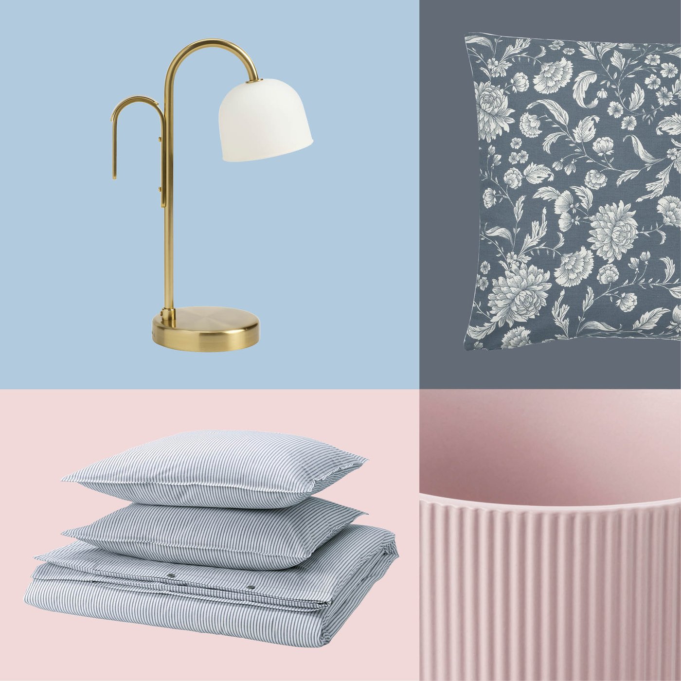 Een bloemenkussen, gestreept IKEA-beddengoed, een lamp met gouden boog en een roze geribbelde vaas zorgen samen voor een frisse en verfijnde slaapkameresthetiek.