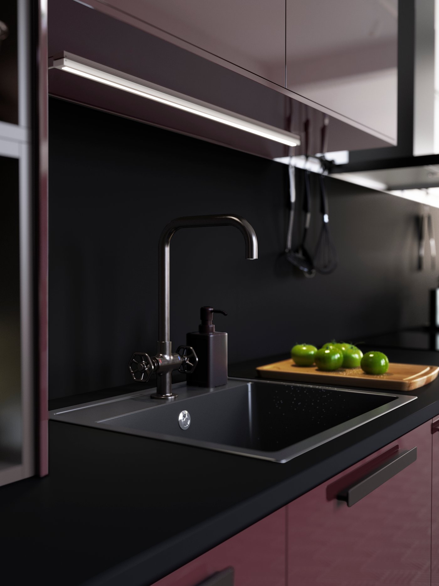 A burgundy high-gloss kitchen with kitchen mixer tap in brushed black metal and a black sink.