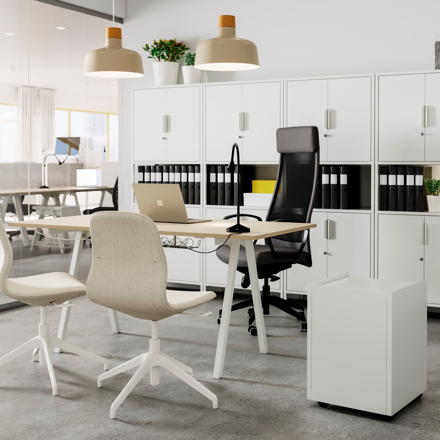 A white GUNNLAUG sound absorbing curtain in the home office