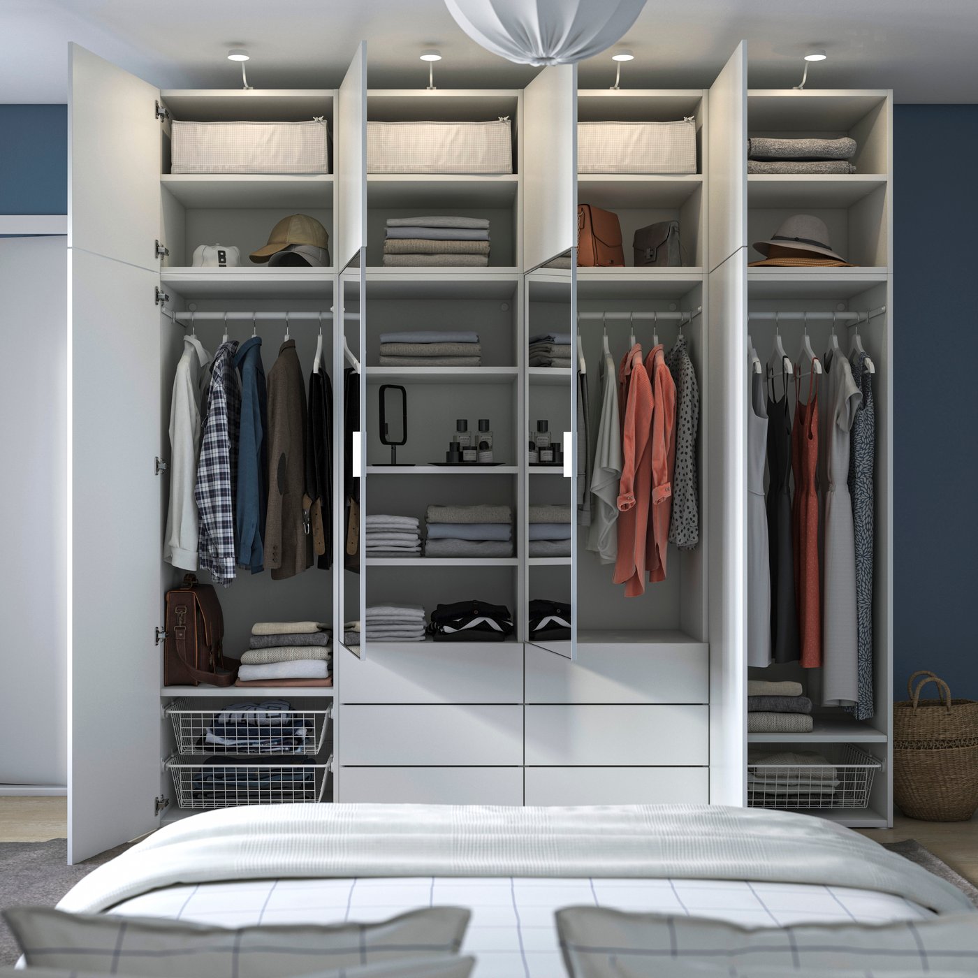 A white STRAUMEN mirror glass /FONNES white PLATSA wardrobe combination