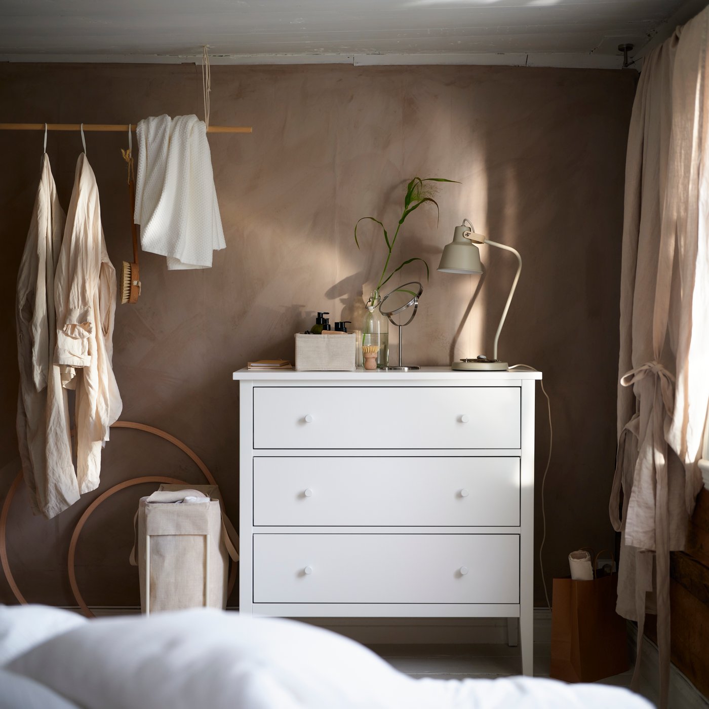 A beige/with heading tape DYTÅG curtains, 1 pair in the bedroom