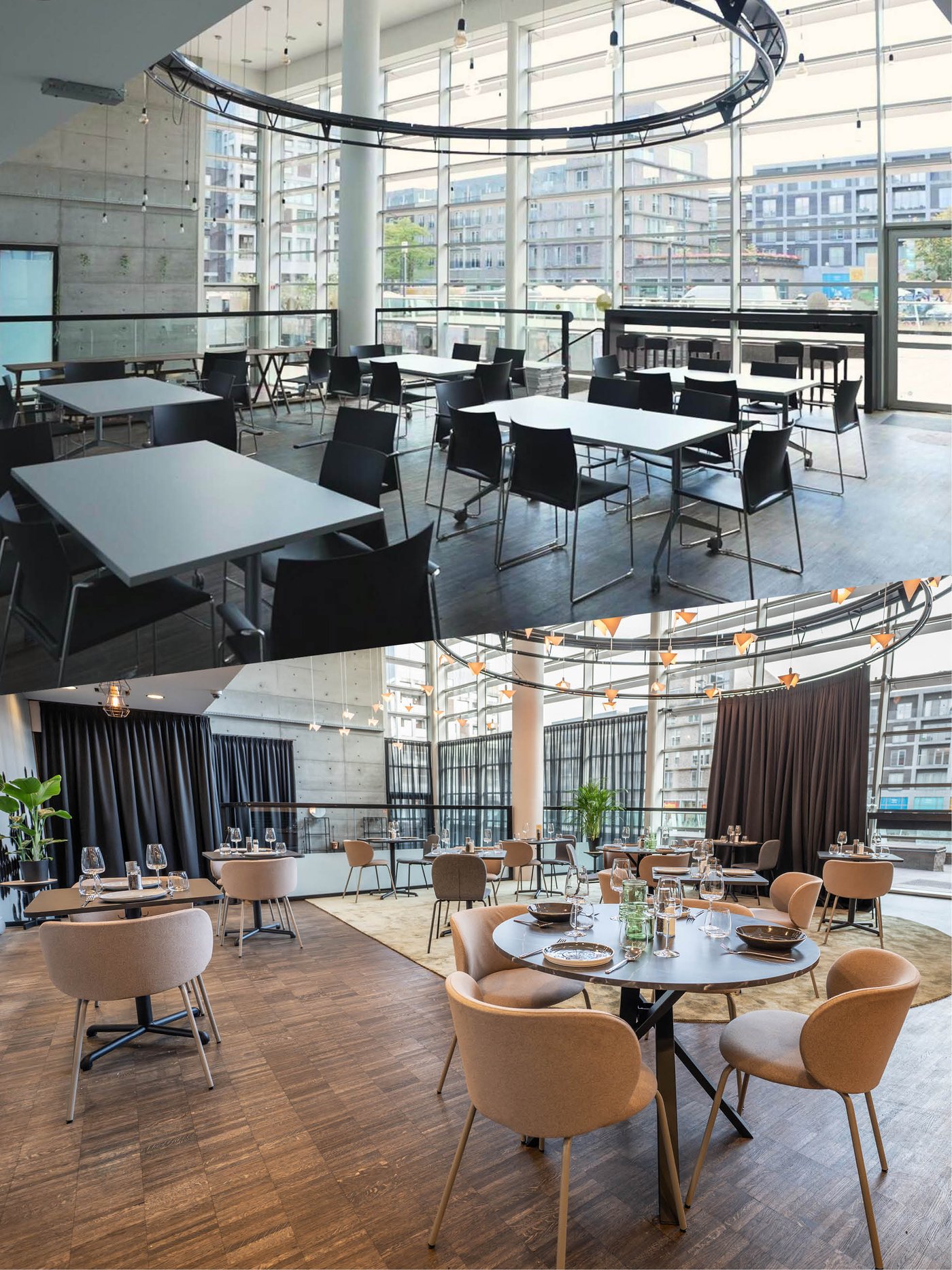 Voor en na: lichte zaal met grote ramen verandert in elegant restaurant met ronde tafels en zachte stoelen.
