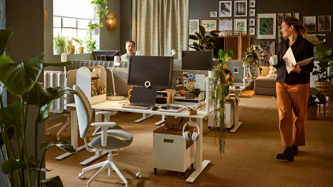 Un ufficio delicatamente illuminato dalla luce del sole con scrivanie MITTZON e schermi acustici a delimitare le postazioni di lavoro, piante rigogliose, decorazioni e quadri sulle pareti.
