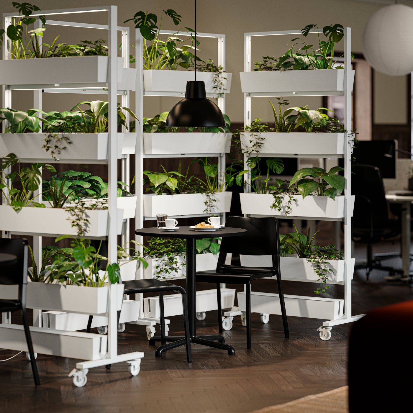 Et pauserum i cafe-stil med MITTZON skærme fyldt med planter, omgivet af sorte STENSELE borde og stole i midten.