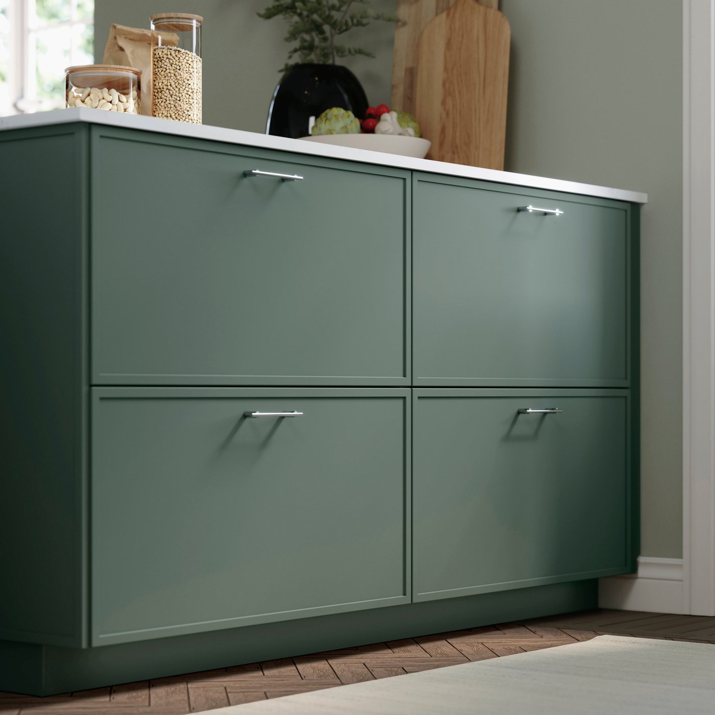 Kitchen island with ASPUDDEN dark grey-green drawers