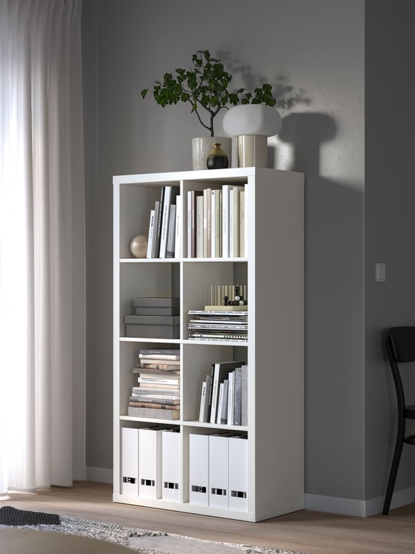 A white KALLAX shelving unit