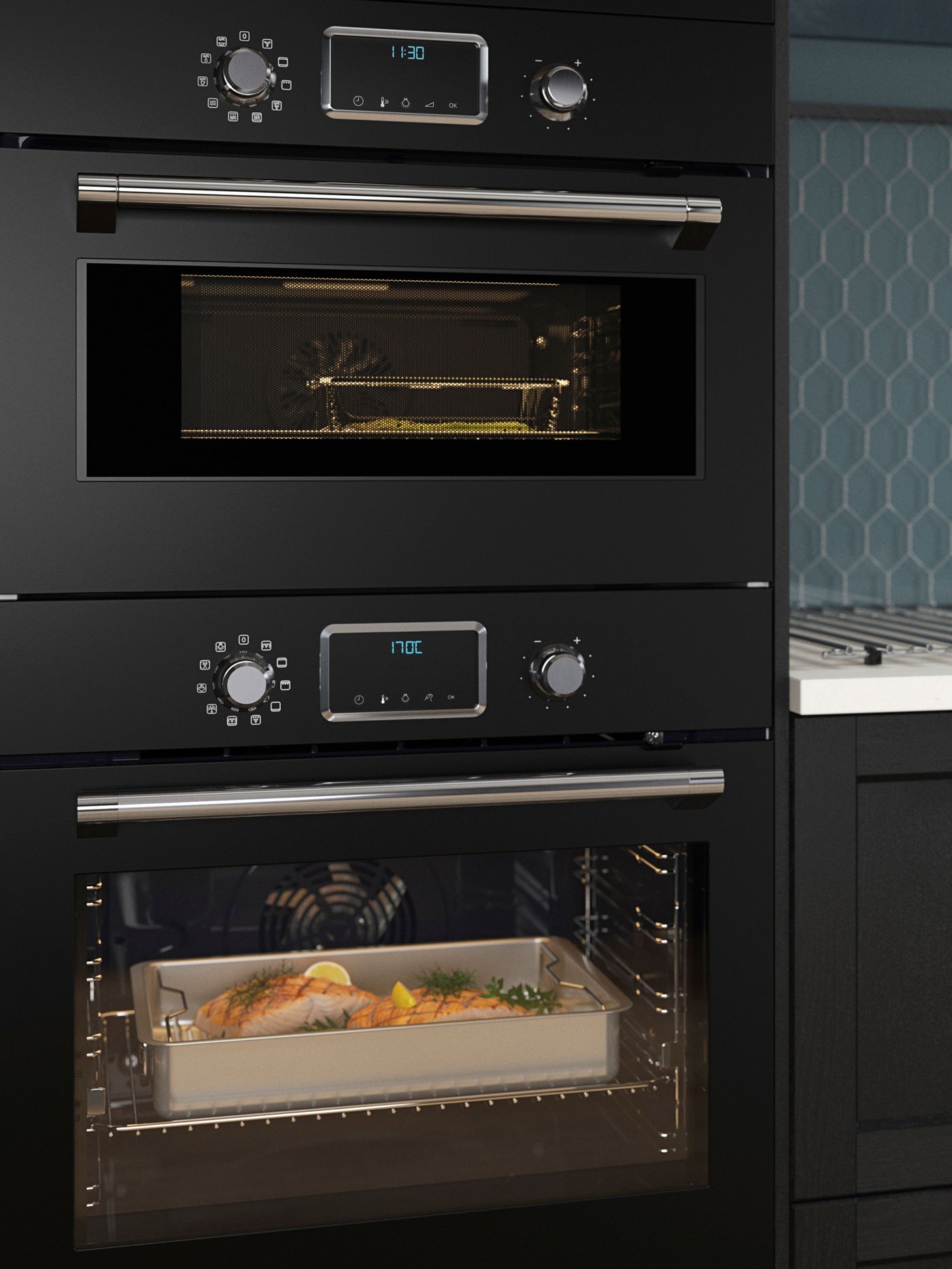 A FORNEBY forced-air oven in black and roasting tin of food inside, and a FORNEBY combi microwave oven in black above.