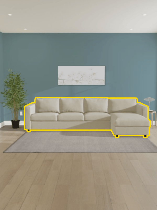 A visual representation in IKEA Kreativ showing a right-hand corner sofa placed against a blue wall in the living room.