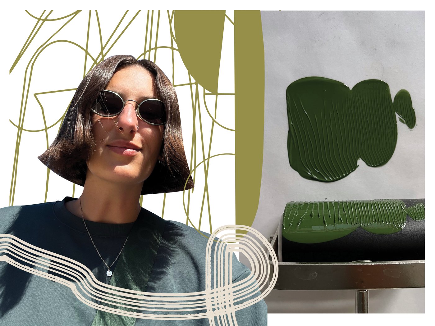 A collage with a portrait of Marina and green illustrations.