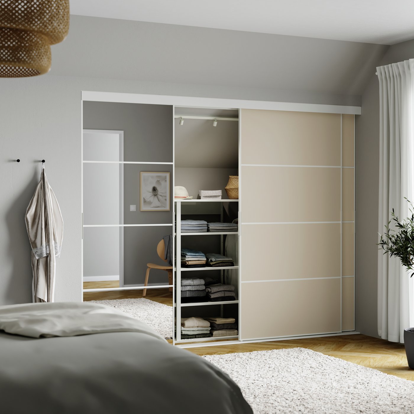 A white double sided/grey-beige mirror glass MEHAMN/AULI sliding door combination
