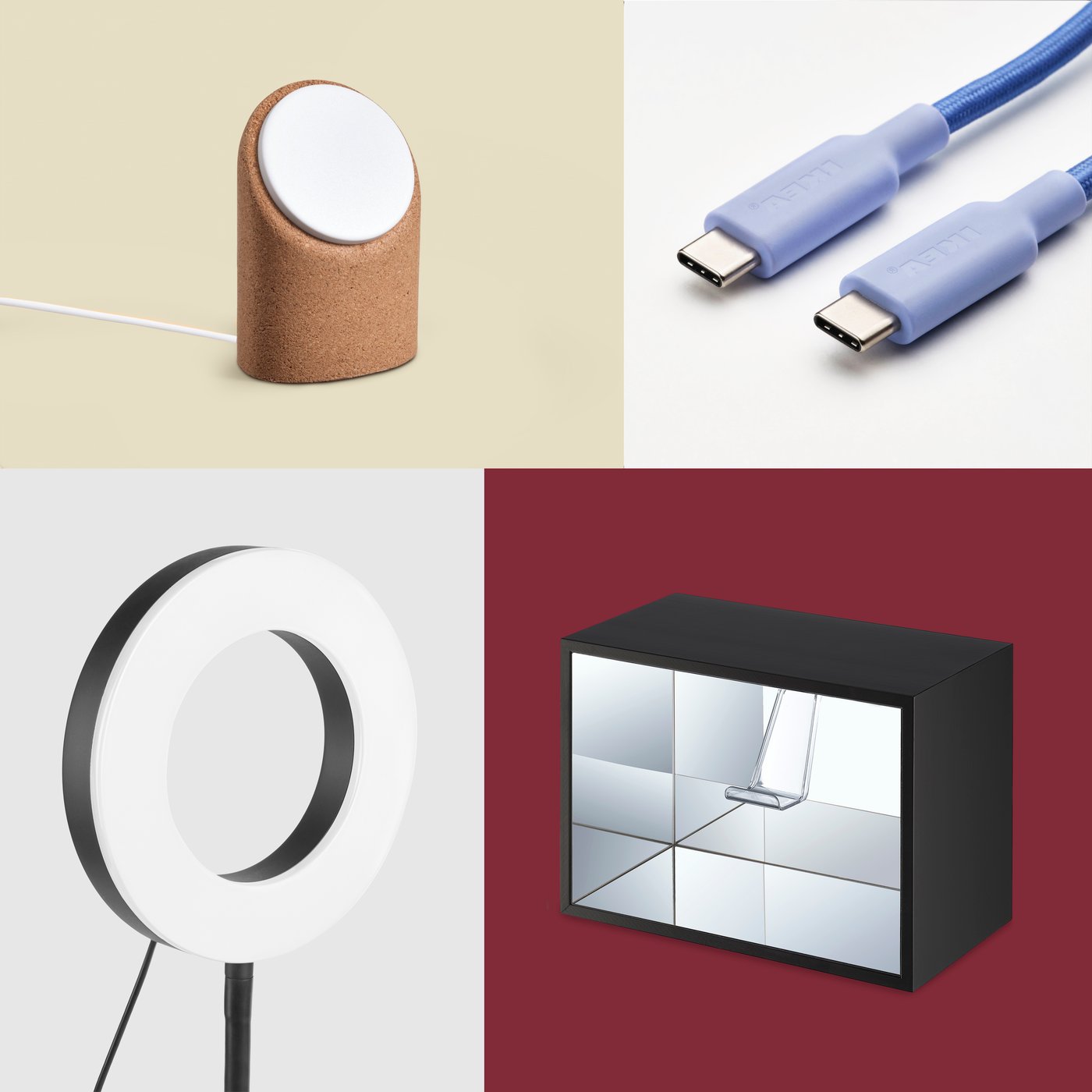 Collage de quatre images représentant divers produits, dont des câbles USB-C, un anneau lumineux et une boîte à manettes YXSTABY noire.