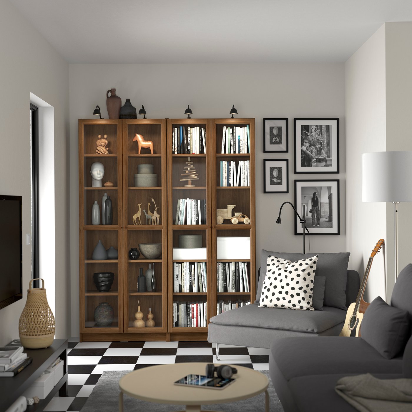 A brown walnut effect BILLY bookcase combination w glass doors