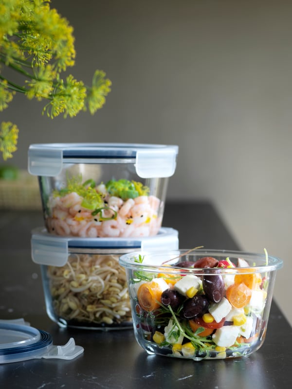 A round glass/plastic IKEA 365+ food container with lid in the kitchen