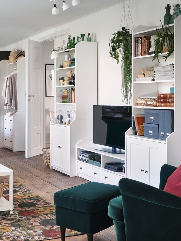 Living room with a white TV stand and white bookshelves in a rural style.