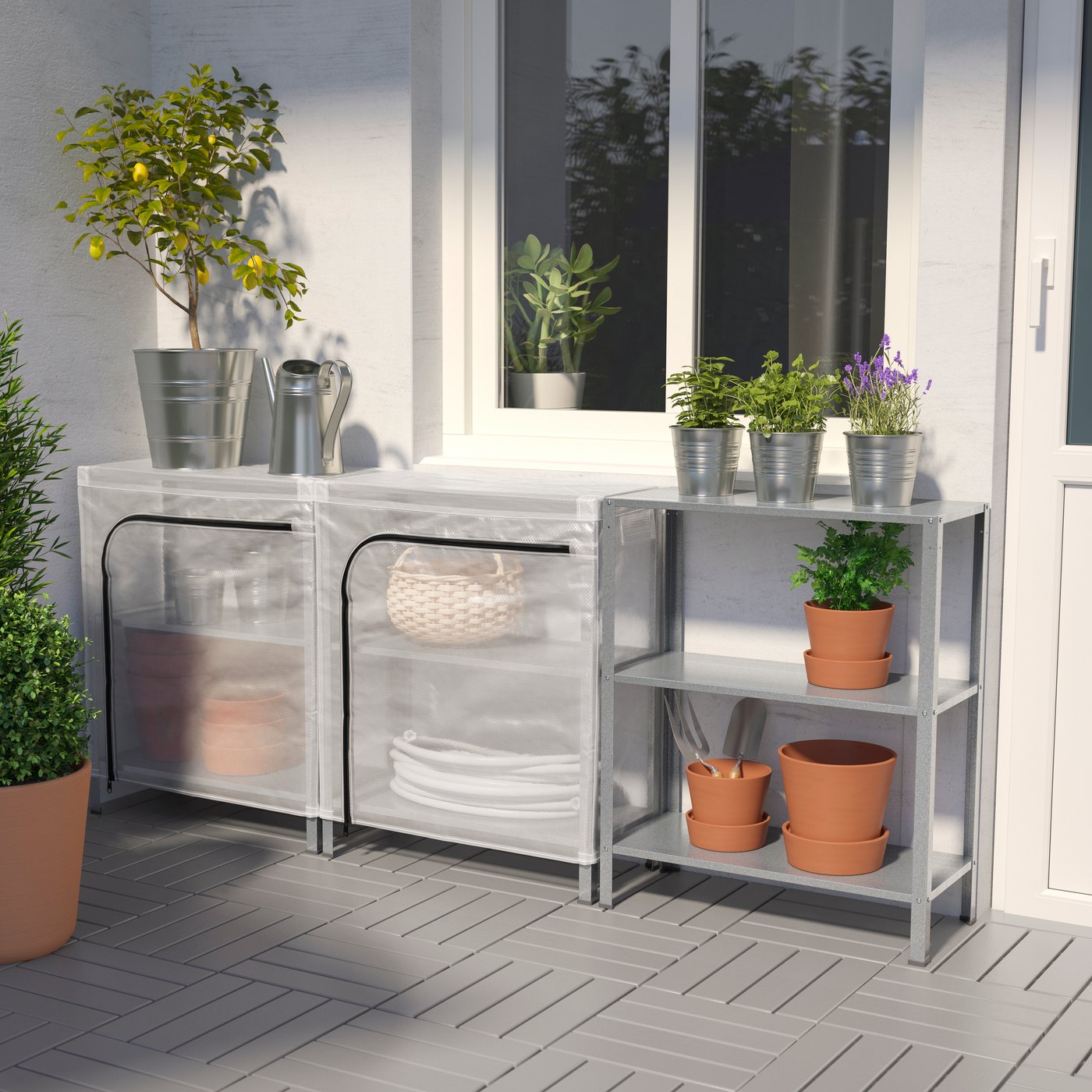 A transparent HYLLIS shelving units with covers outside
