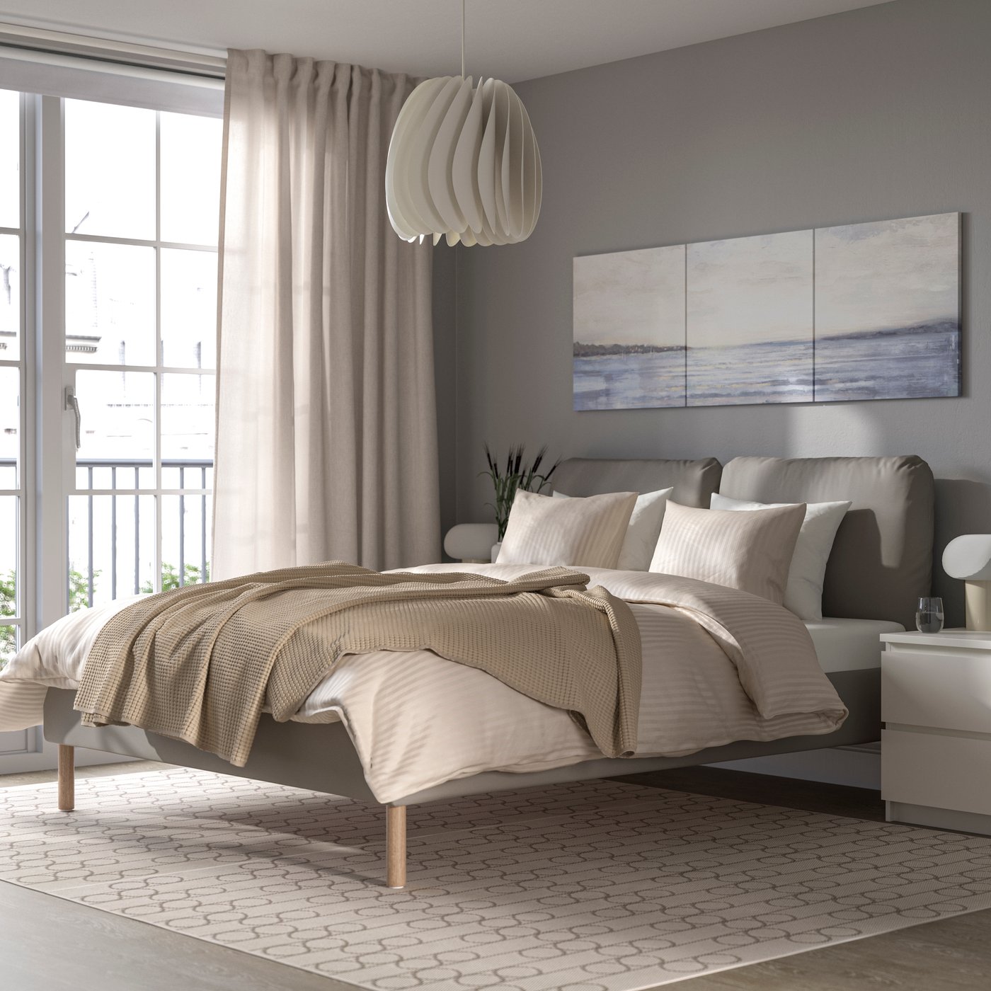 A Diseröd brown SAGESUND upholstered bed frame in the bedroom