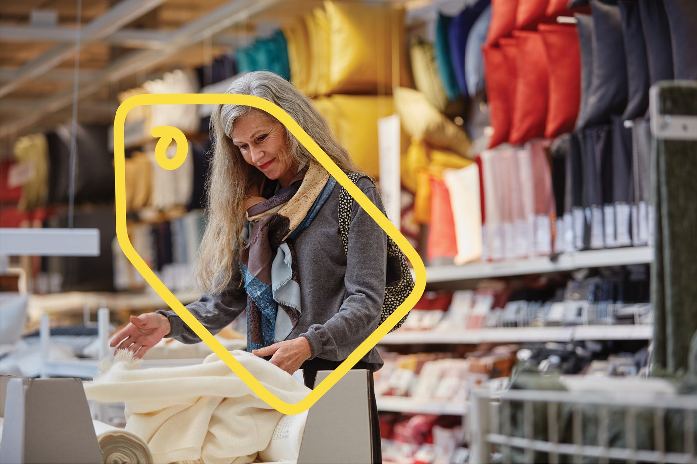 A customer is looking at items in the store and the picture of a price tag is placed over the photo