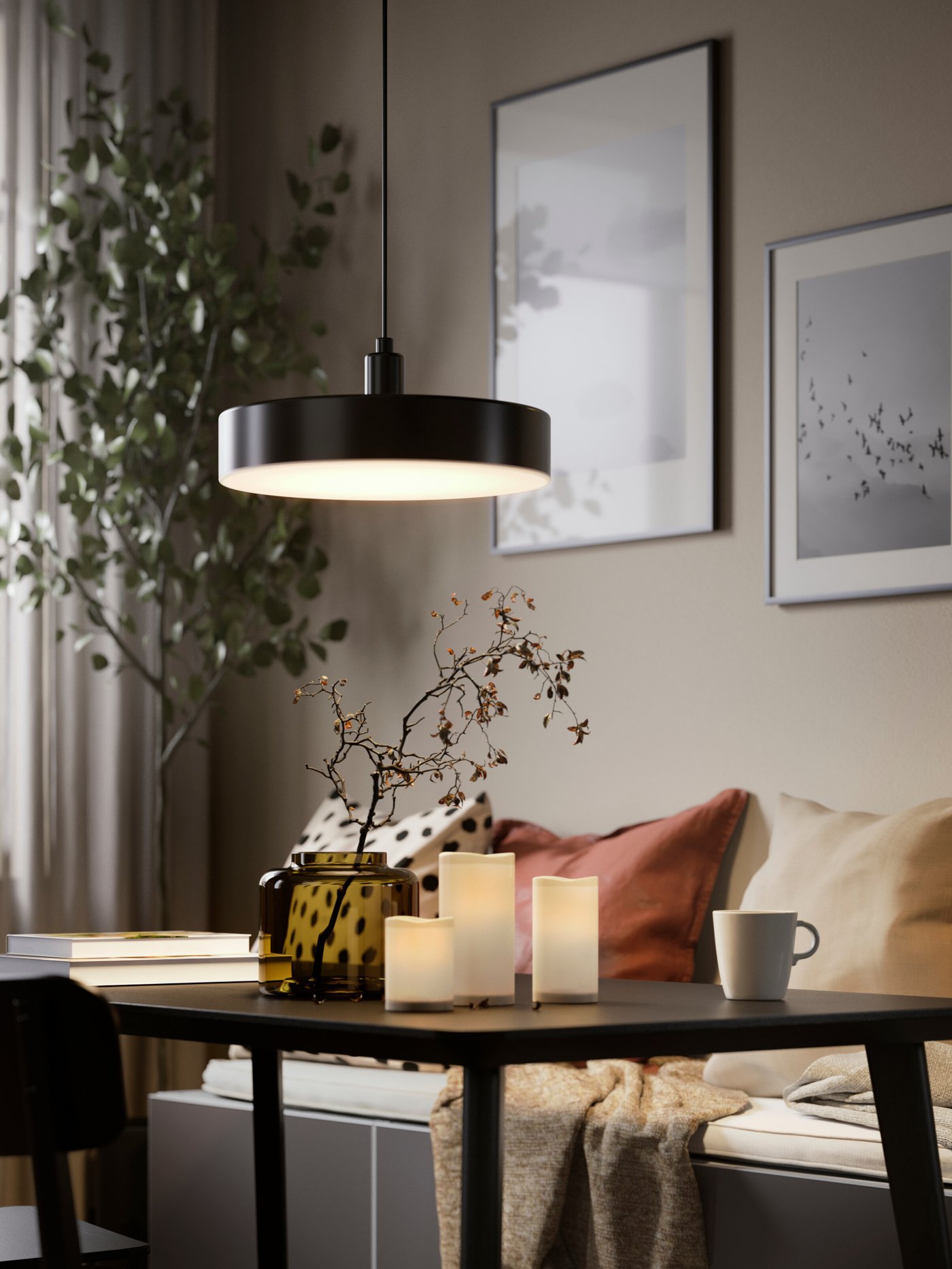A wireless dimmable white spectrum/anthracite NYMÅNE LED pendant lamp