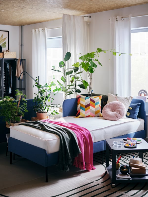 A blue BLÅKULLEN bed with colourful cushions, a dark green throw and a pink HILLEGÄRD throw, plus a grey TINGBY side table.
