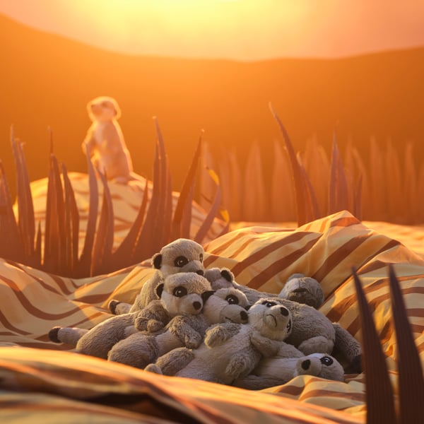 A group of SANDLÖPARE soft toy meerkats are sleeping in a pile on a sunlit savannah made from cardboard cutouts and bedding.
