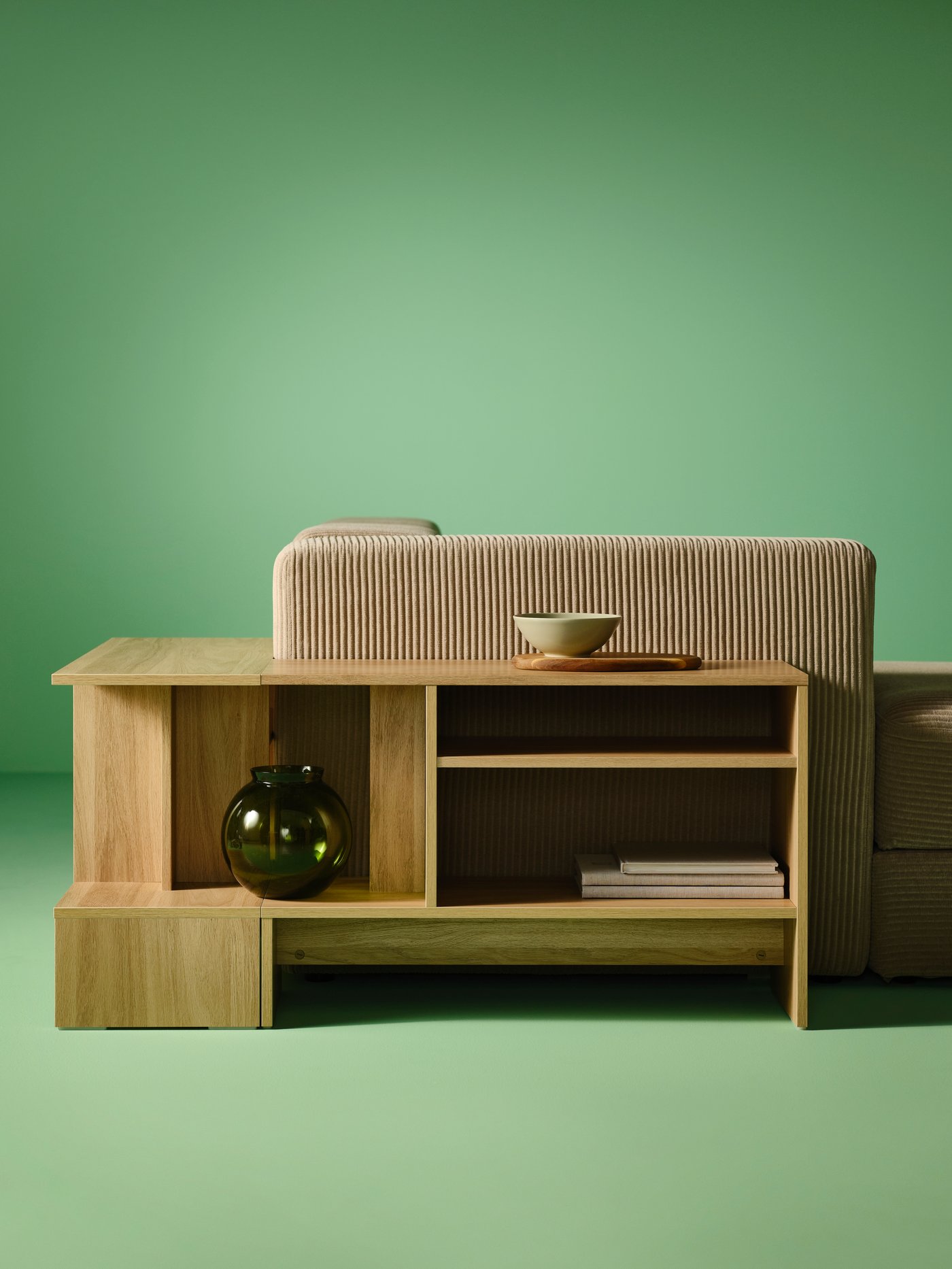 Wooden coffee table behind a sofa