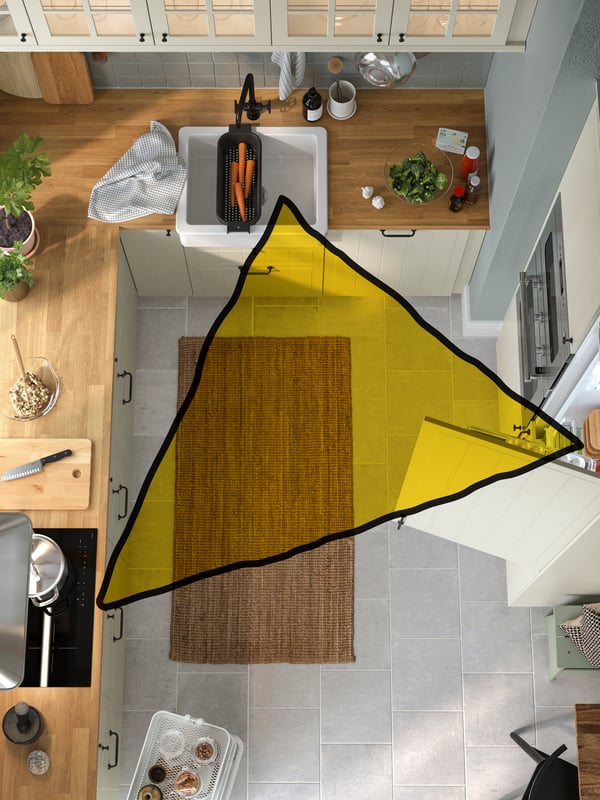 Les sommets d’un triangle jaune touchent un évier HAVSEN blanc à face avant visible, une plaque de cuisson à induction et un réfrigérateur/congélateur.