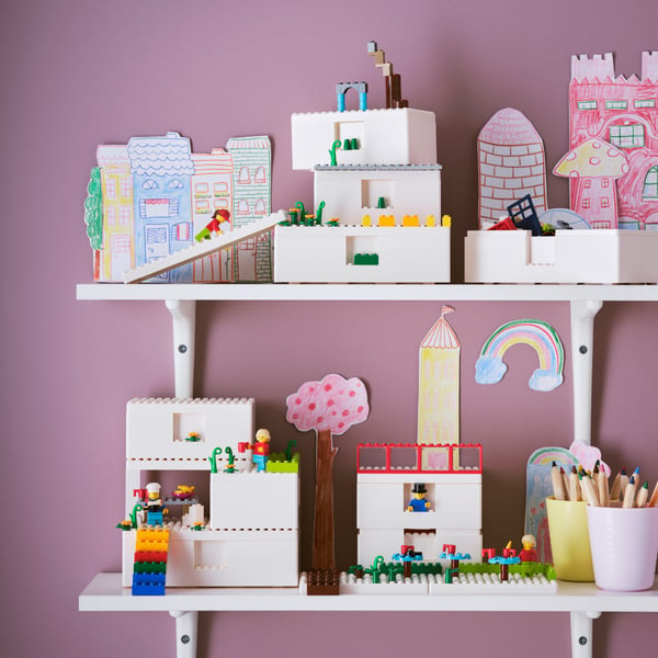 A mixed colours BYGGLEK 201-piece LEGO® brick set in the childrens room