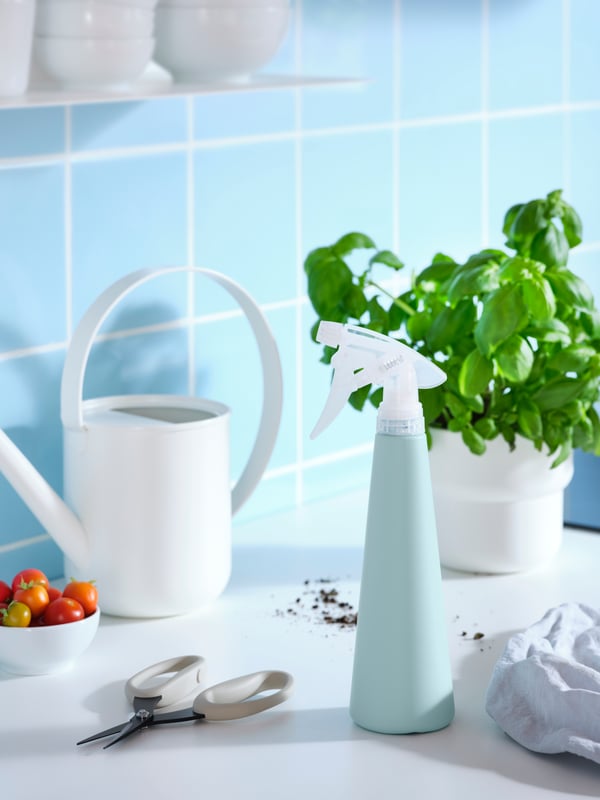 A kitchen top with a watering can, a TOMAT spray bottle, a pair of JACKFRUKT herb scissors, basil and a bowl of tomatoes.