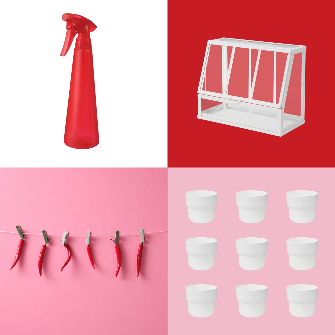 Grafik kupovine prikazuje ÅKERBÄR plastenik, TOMAT bočicu s pumpicom, FÖRENLIG biljke u saksiji i plodove ukrasnog čilija.
