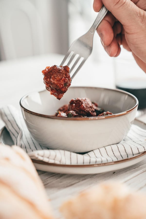 Vegetarian albóndigas made with plant-based Swedish meatballs in a bowl