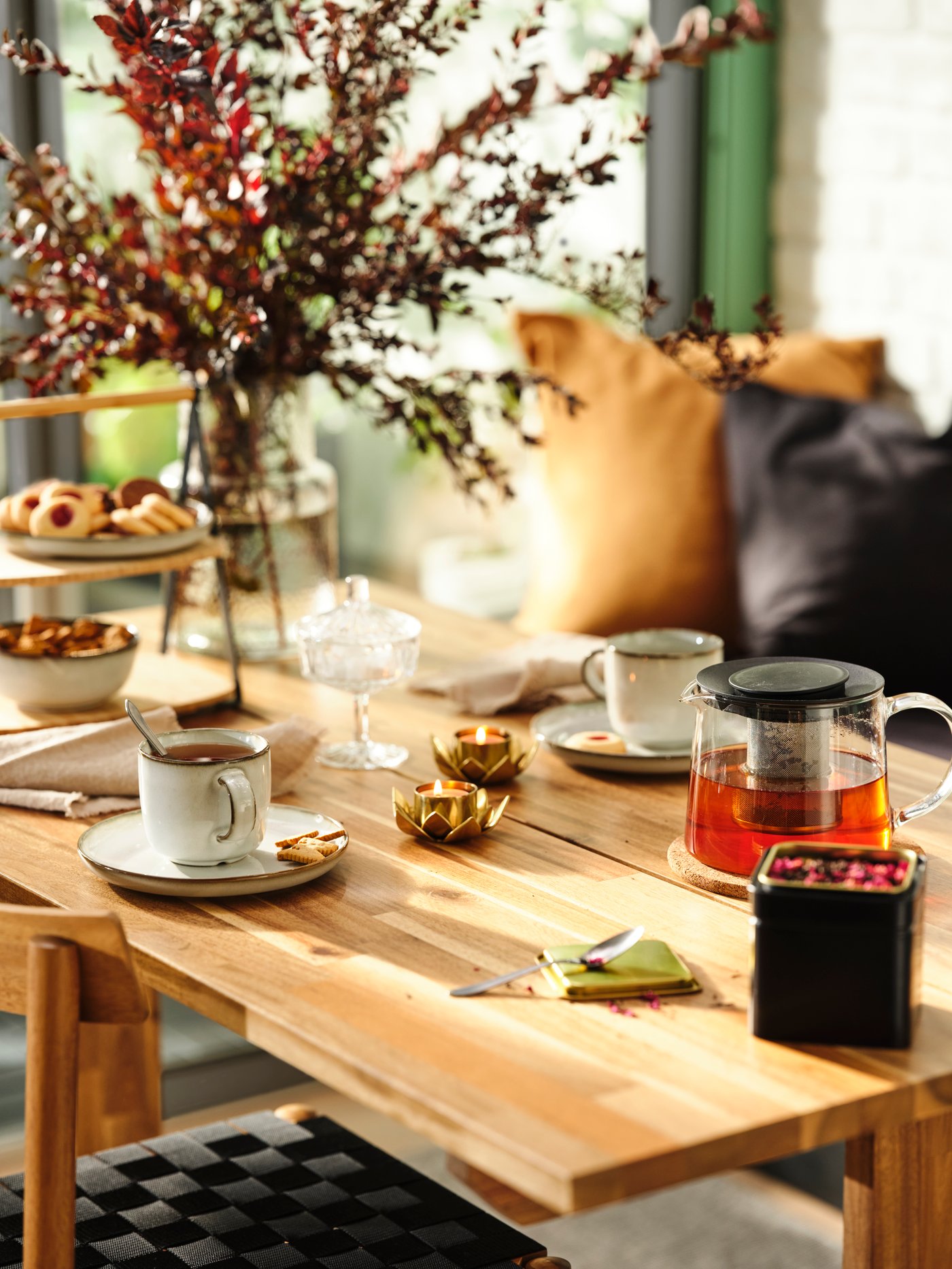A cozy wooden table set in a warm, home-like setting.