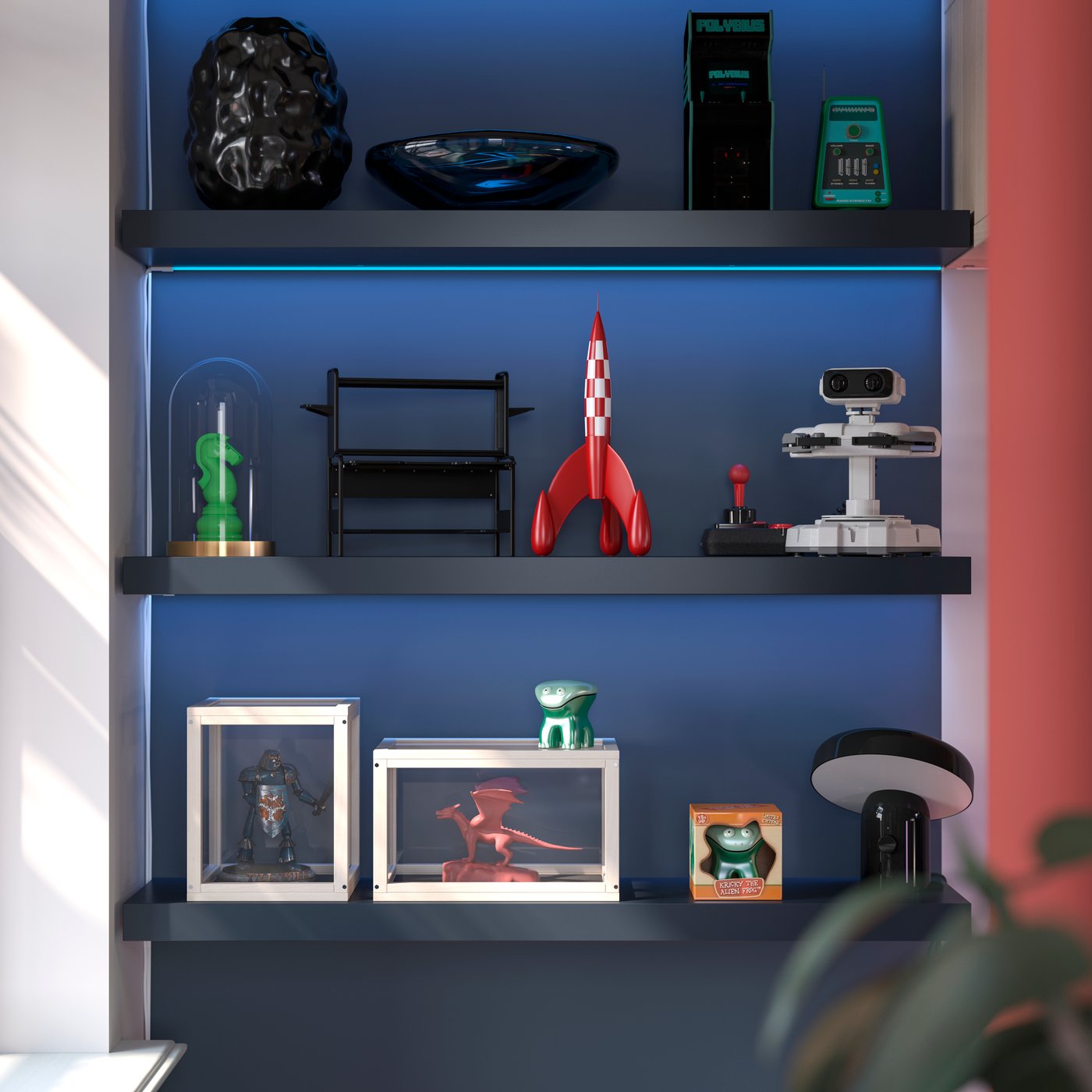 A STOCKHOLM 2025 vase and collectibles decorate three LACK wall shelves in black-blue hanging on a dark blue accent wall.