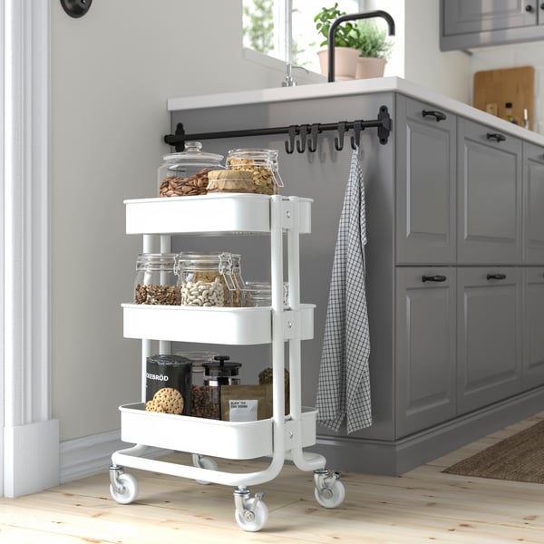 A white trolley in a kitchen