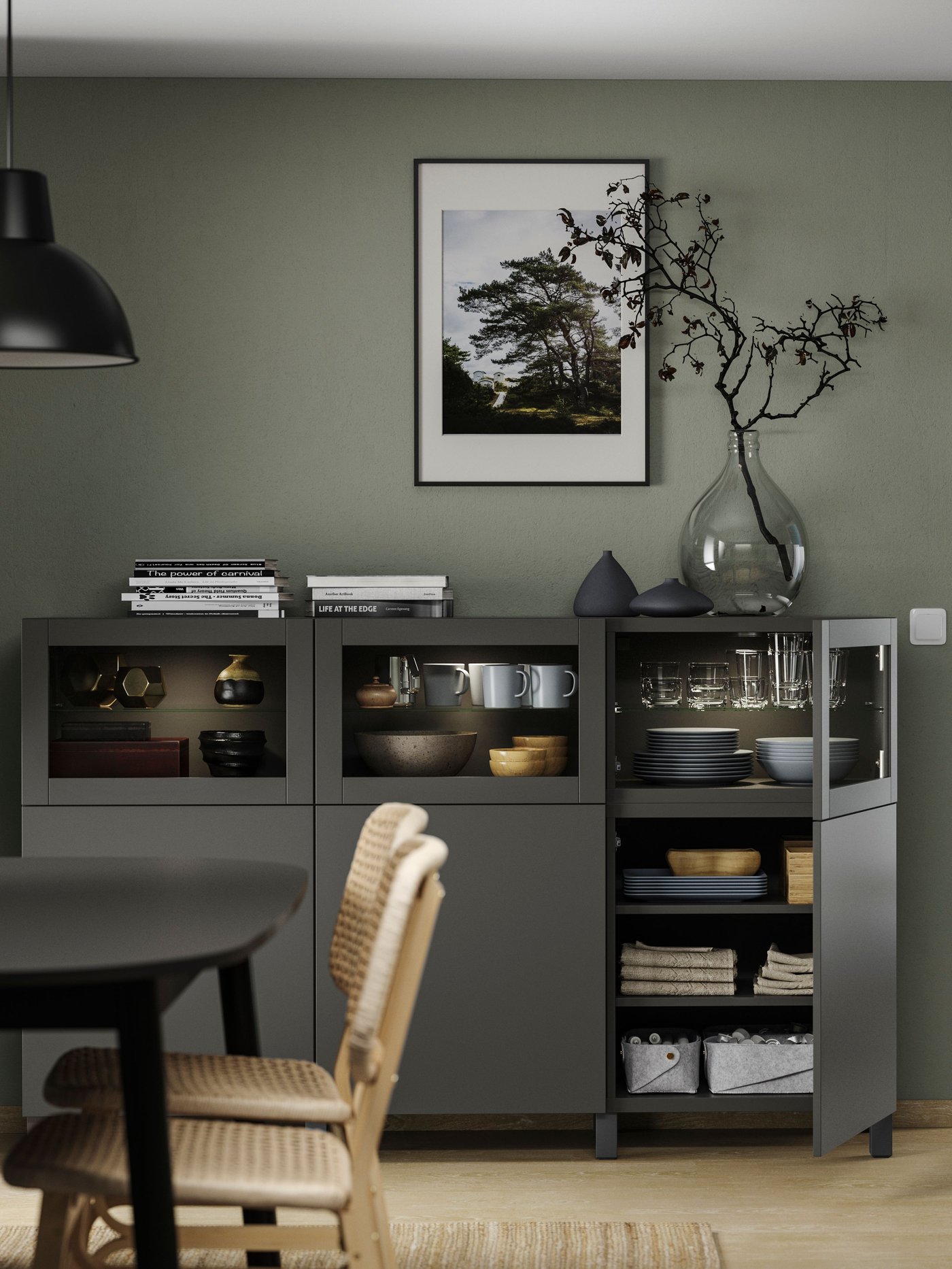 A dark grey Lappviken/Sindvik dark grey BESTÅ storage combination with doors.